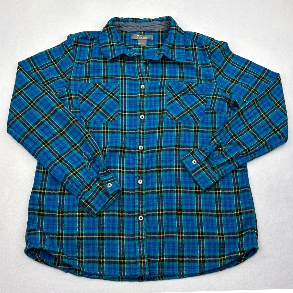Natural Reflections Womens Medium Blue Green Plaid Cotton Flannel Shirt Outdoors